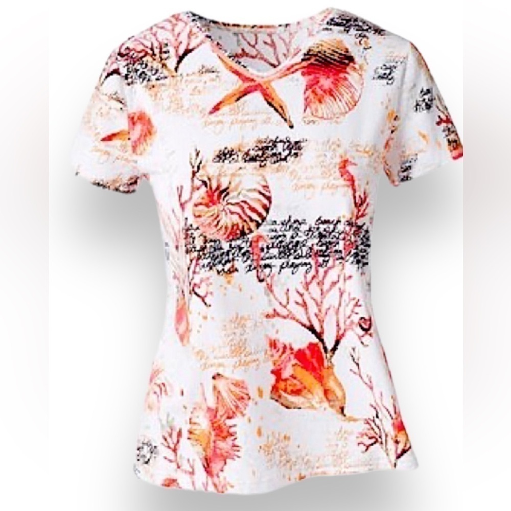 084. Chico’s Large Captiva Summer Zing Top Coral Reef Soft SS Beachy Boho Tee